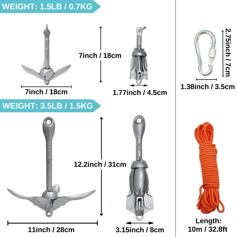 BeGrit مرساة قارب BeGrit بوزن 3.5 رطل، مرساة بحرية قابلة للطي لقارب صغير للصيد، قارب كاياك، لوح تجديف، قارب كانو، جت سكي، مع حبل سحب بطول 32.8 قدم وحقيبة حمل. - Image 3